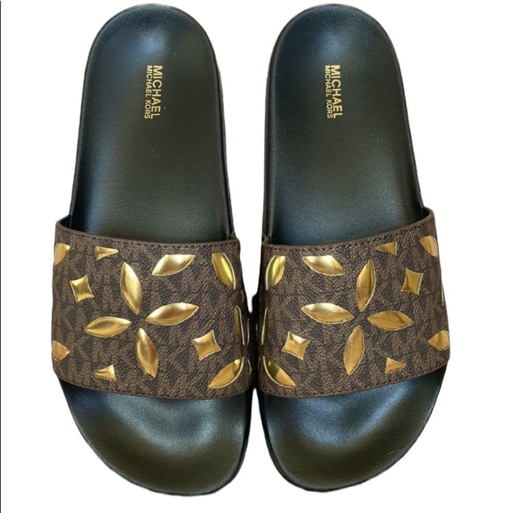 Michael Kors Brown Logo Slide Sandals with Gold Stud Accents